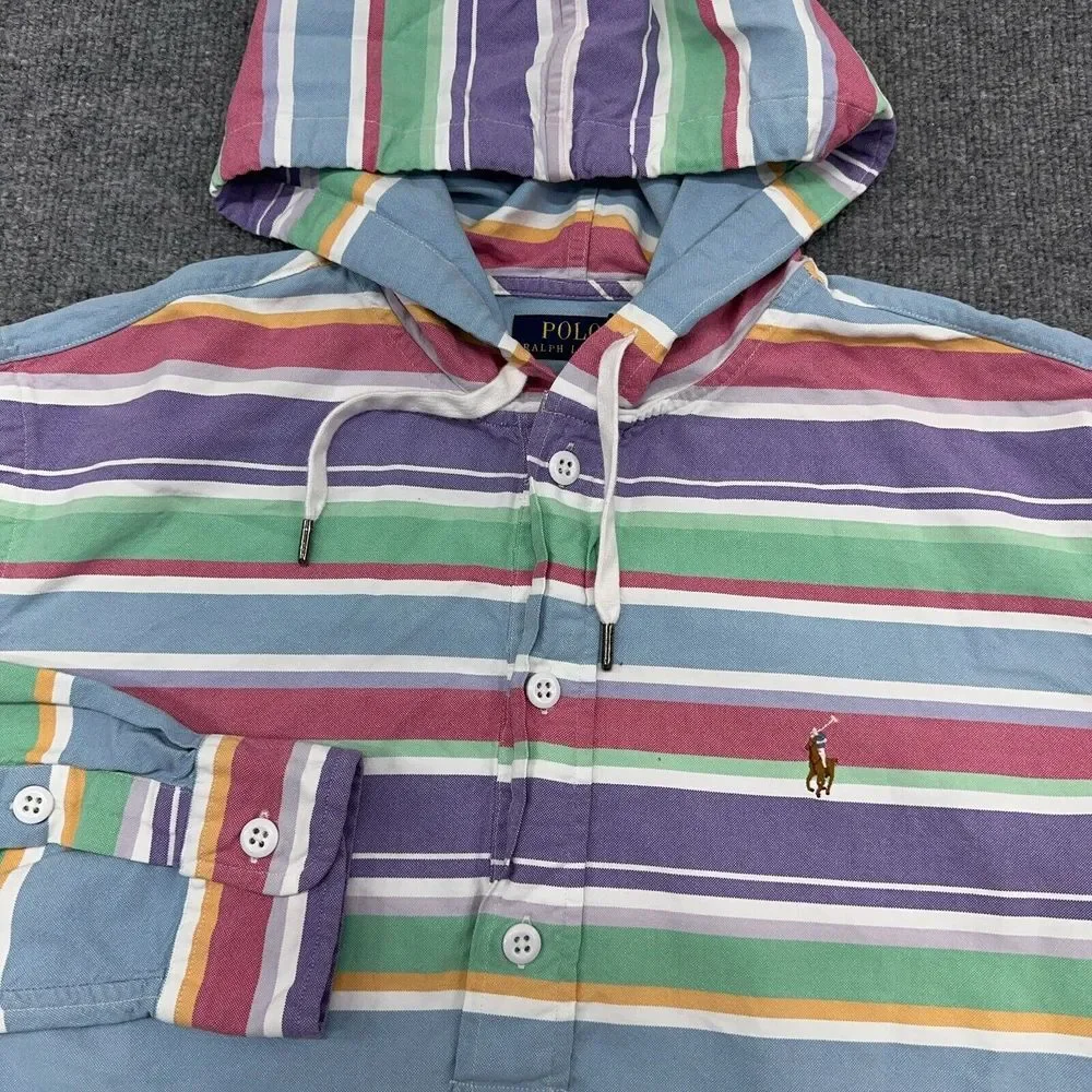 Polo Ralph Lauren Hoodie Mens M Striped‎ Pastel Flesh Pony Pullover Shirt Anorak
